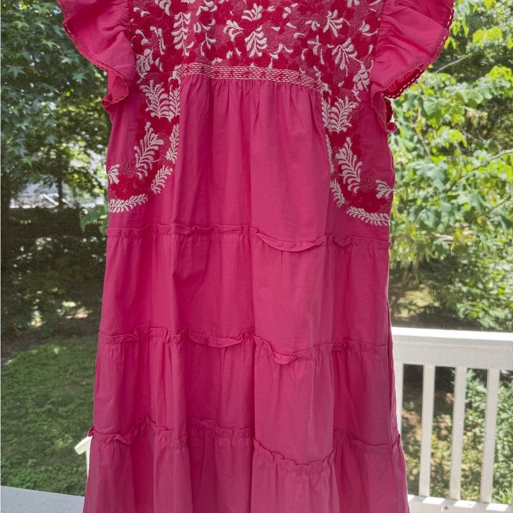 J.Marie  pink and white embroidered tiered dress with flutter sleeves- size S - Picture 5 of 6
